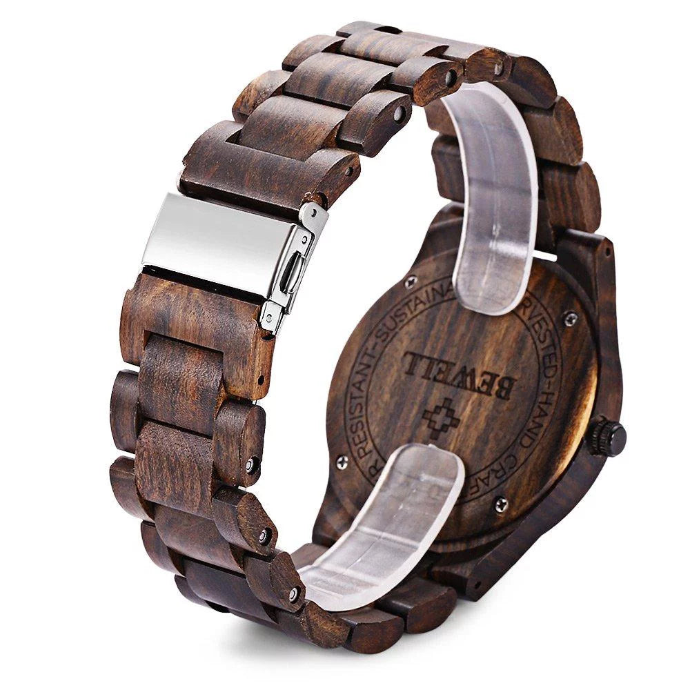 ZS-W086B Mens Wooden Watch Lightweight Date Display Analog Quartz Movement Wristwatches Ebony Wood