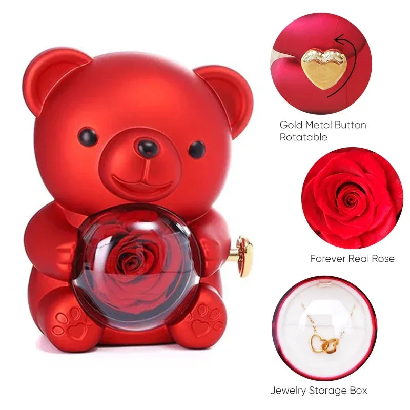 Engraved Heart Necklace with Eternal Rose Teddy Bear Rose Shaped Necklace Jewellery Gift Box Romantic Acrylic Flower Ring Locket