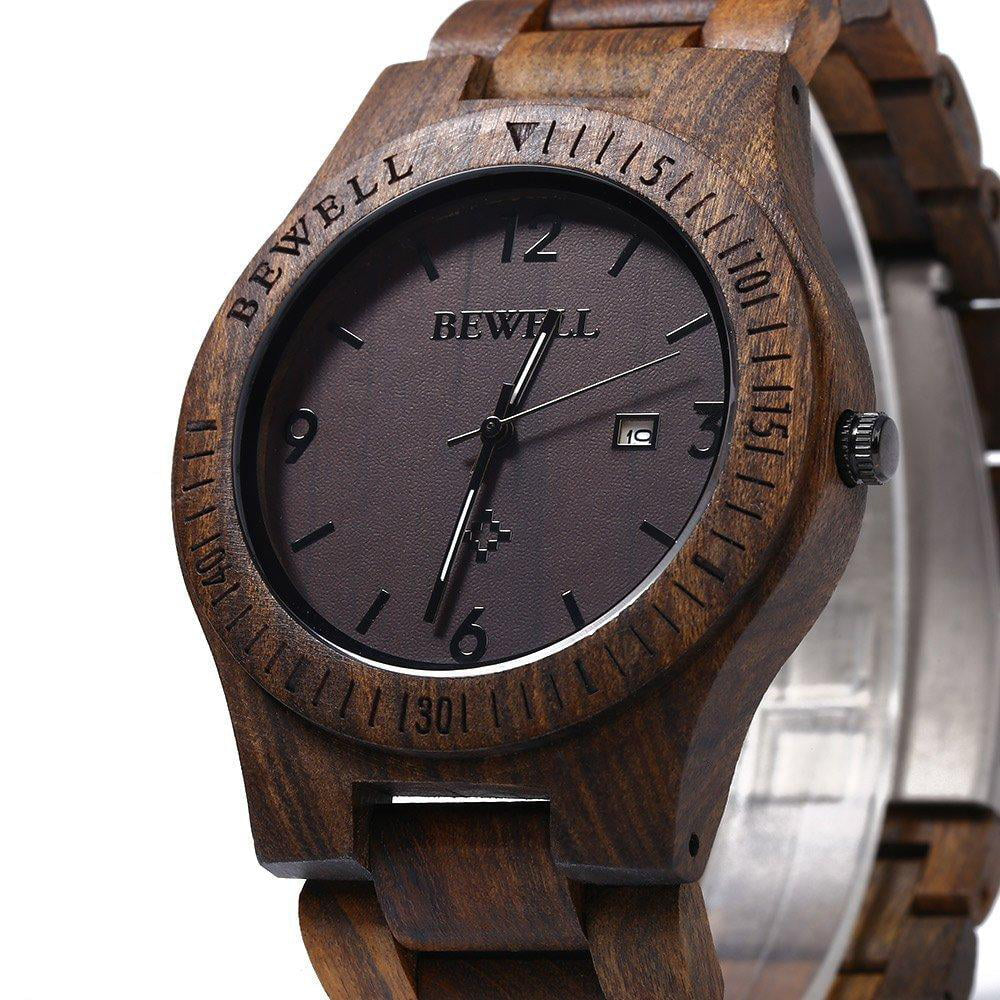 ZS-W086B Mens Wooden Watch Lightweight Date Display Analog Quartz Movement Wristwatches Ebony Wood