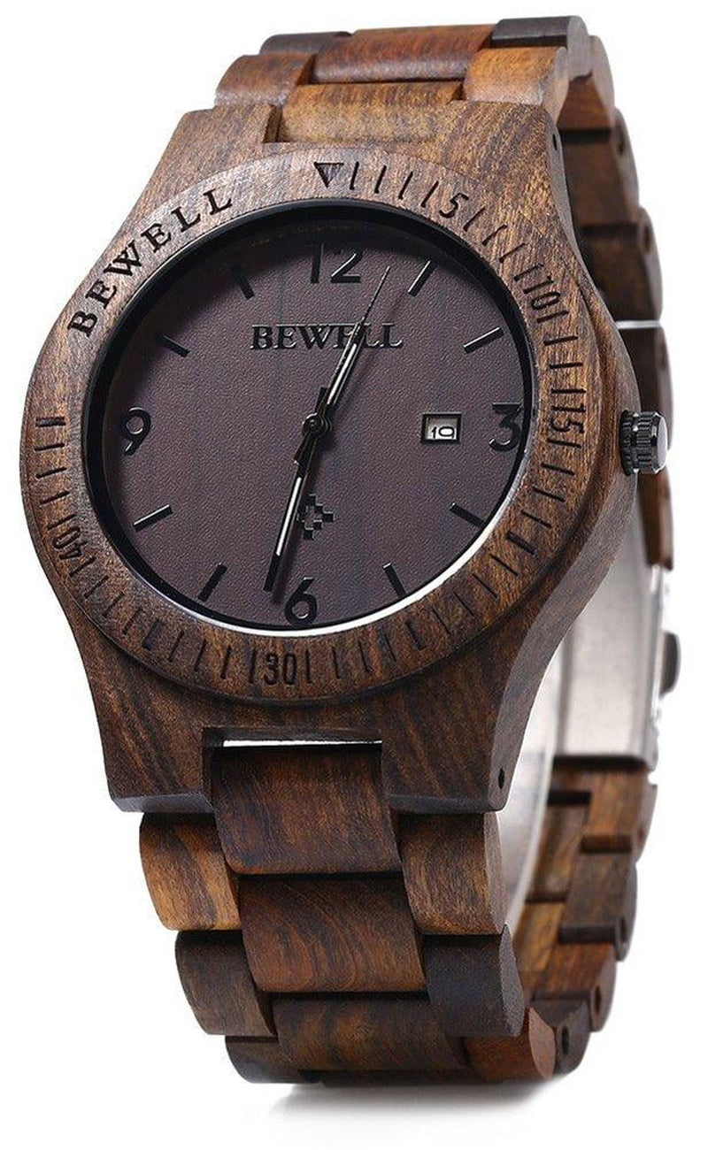 ZS-W086B Mens Wooden Watch Lightweight Date Display Analog Quartz Movement Wristwatches Ebony Wood