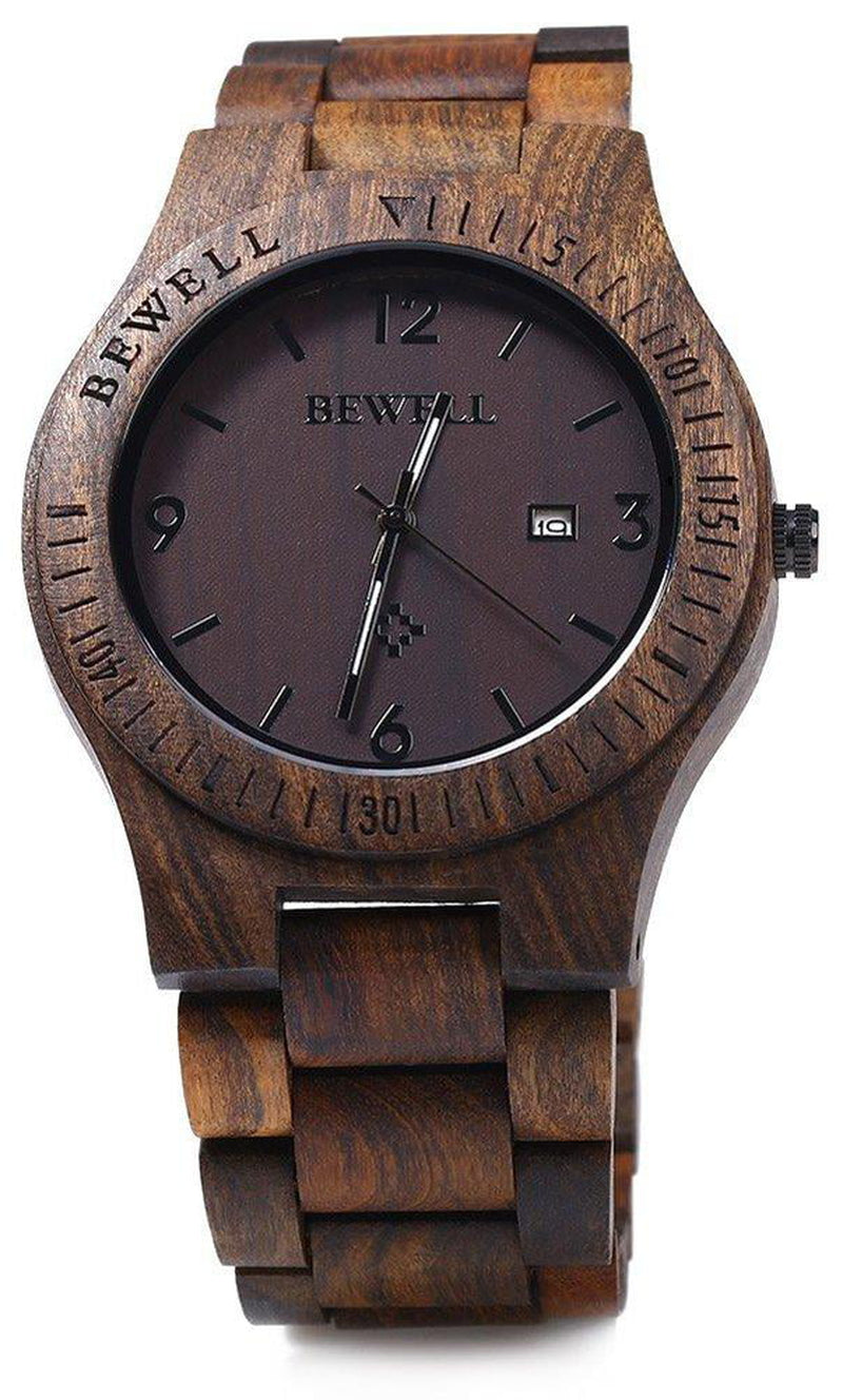 ZS-W086B Mens Wooden Watch Lightweight Date Display Analog Quartz Movement Wristwatches Ebony Wood